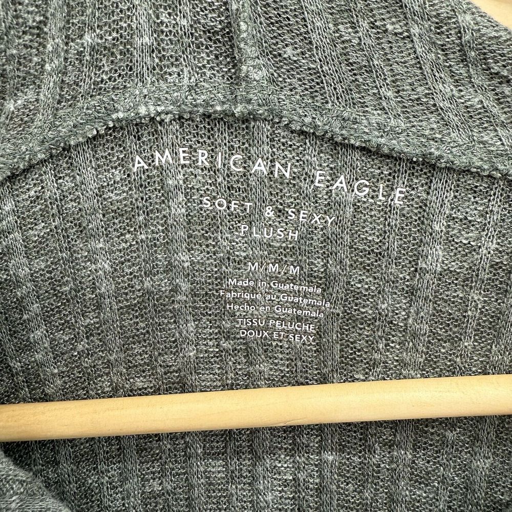 American Eagle Womens M Soft & Sexy Plush Green Ribbed Hooded Snap Sweatshirt - Picture 2 of 8